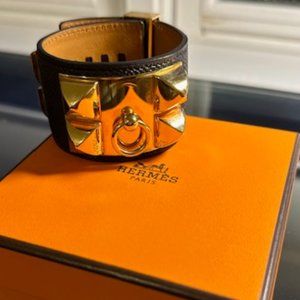 Hermes Noir Collier de Chien CDC Spike Cuff Bracelet Black Textured Leather